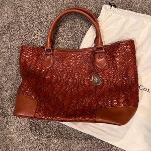 Cole Haan cognac basketweave leather tote NWT beautiful blue interior. PRICEFIRM